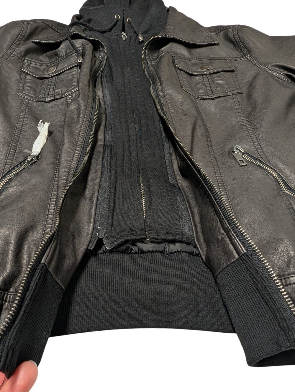LA Coalition Women's Faux Leather Hooded Moto Jacket Black Brown XL Zip Up - Picture 6 of 8